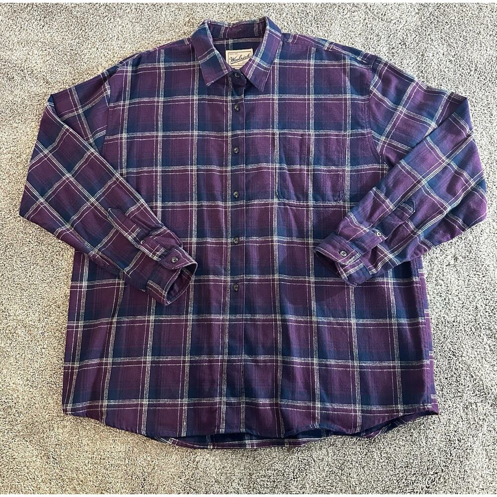 Woolrich Womens XL Flannel Shirt Purple Plaid Button Down Outdoor Hiking EUC